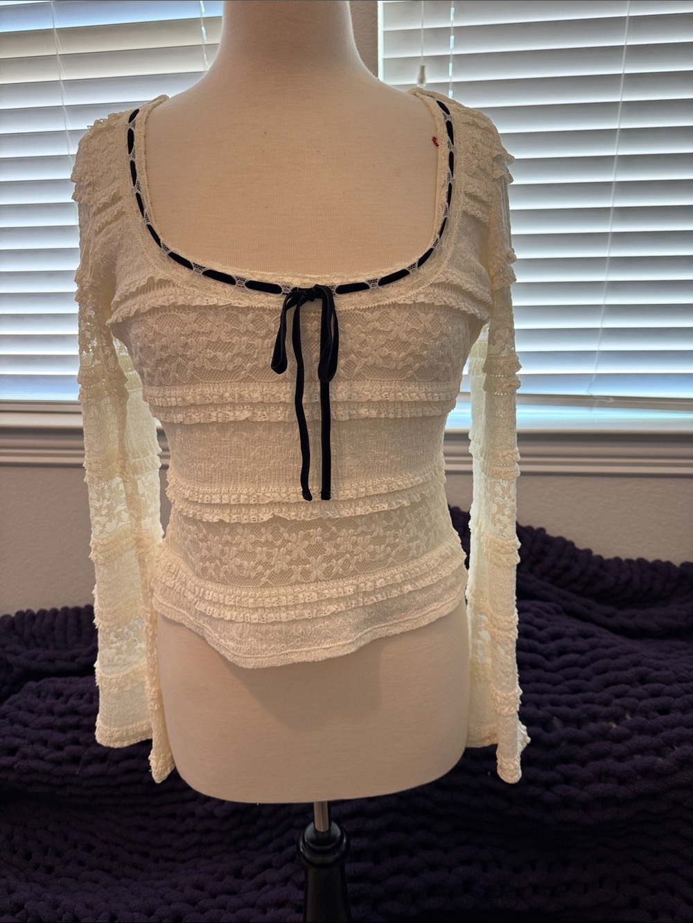 Cream Lace Long-Sleeve Scoop Neck Blouse with Black Tie Detail